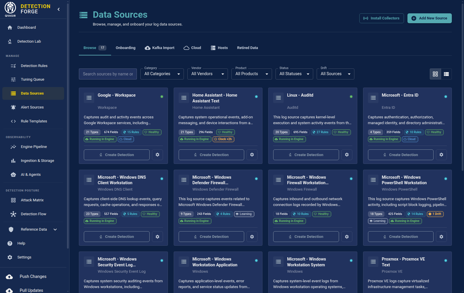 Data sources in a demonstration estate: seventeen sources — Google Workspace, Home Assistant, Linux auditd, Entra ID, Windows DNS, Defender Firewall, PowerShell, Security and System logs, Proxmox — each showing event types, field count, rules bound to it, engine state and health