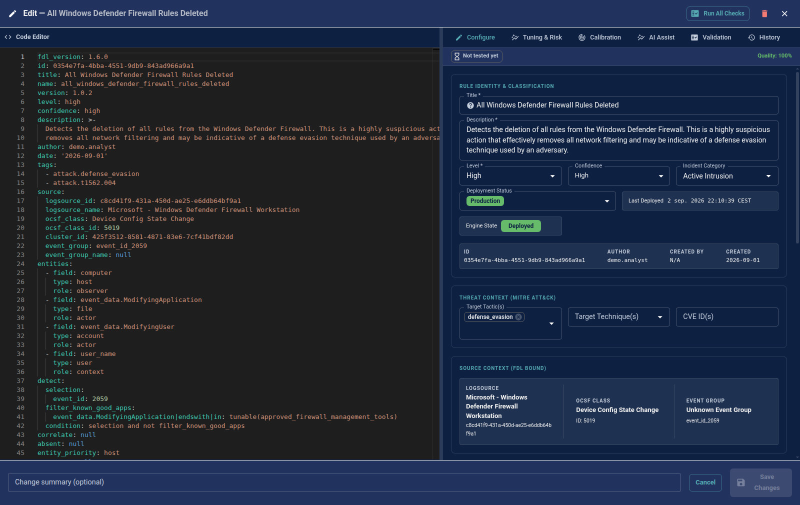 Detection editor: readable rule text on the left, configuration, tuning, and calibration panels on the right